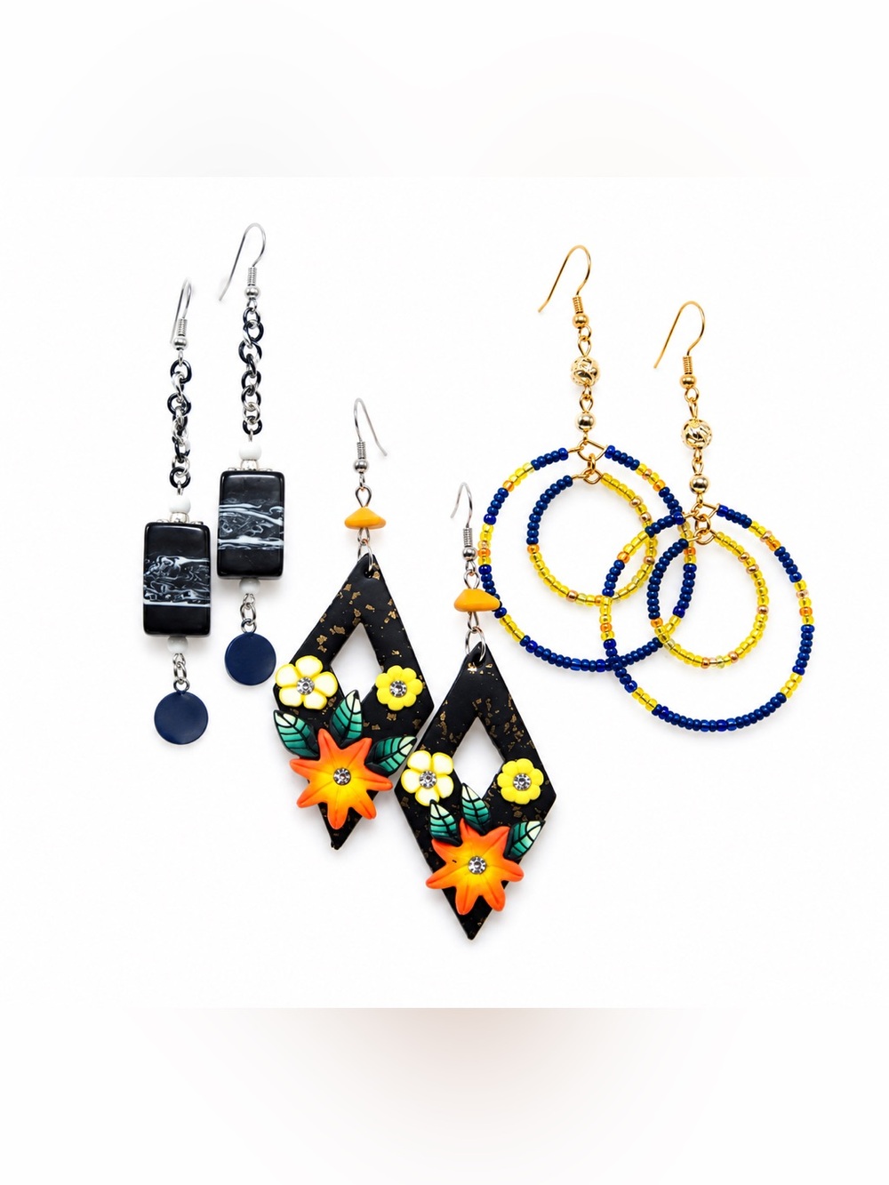 3 pair Handcrafted Earrings Art Beaded Dangles Double Hoops + Island style Drops